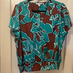 Nine West Teal and Brown Floral Blouse